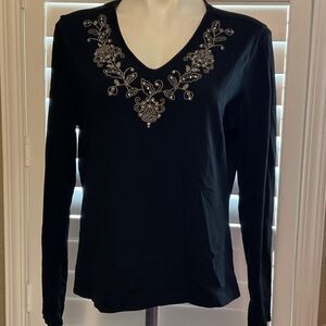 Westbound Black Long Sleeve Top with Silver Embroidery